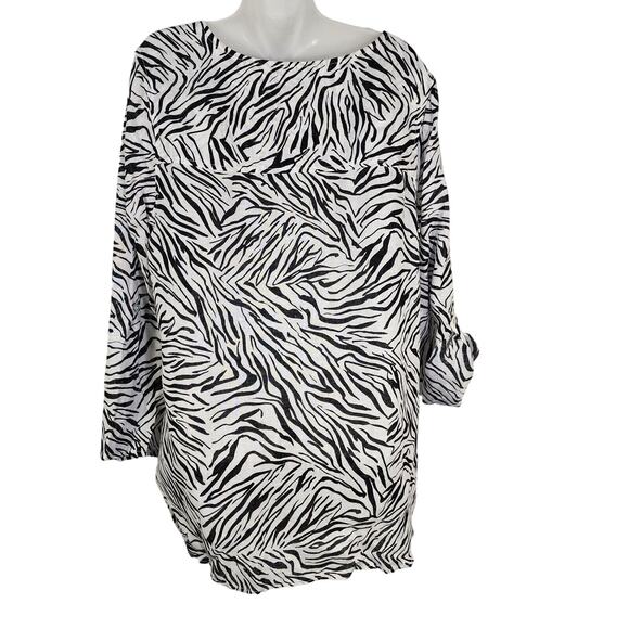 Cynthia Rowley Womens Top 2X 100% Linen Zebra Print Button Long Roll Tab Sleeve - Picture 2 of 7